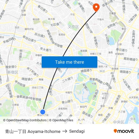 青山一丁目 Aoyama-Itchome to Sendagi map