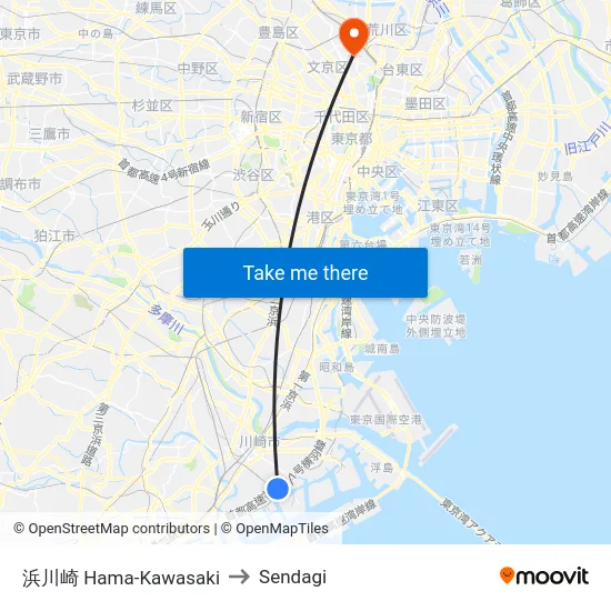 浜川崎 Hama-Kawasaki to Sendagi map