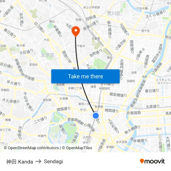 Kanda to Sendagi map