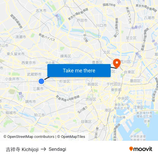 Kichijoji to Sendagi map