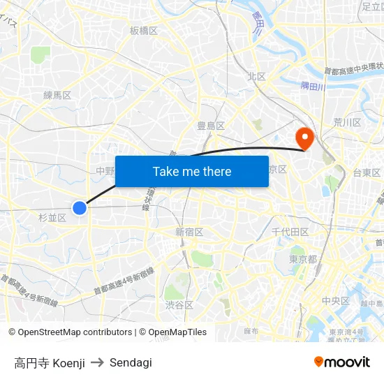 Koenji to Sendagi map