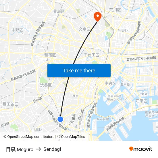 目黒 Meguro to Sendagi map