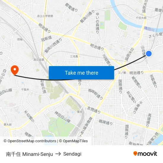 南千住 Minami-Senju to Sendagi map
