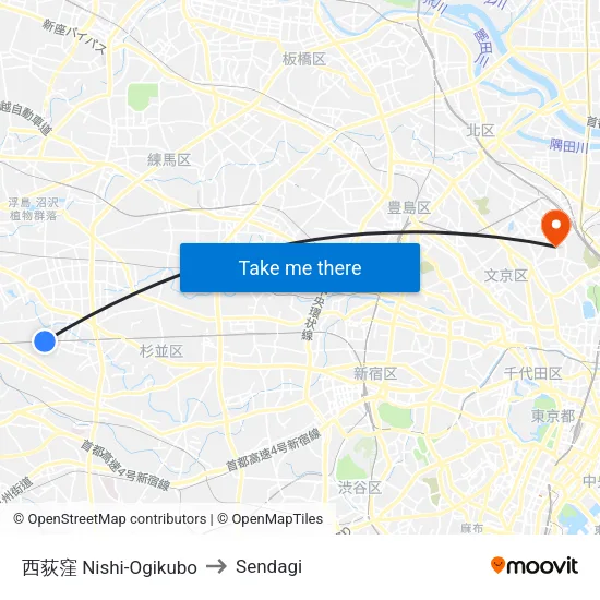 西荻窪 Nishi-Ogikubo to Sendagi map