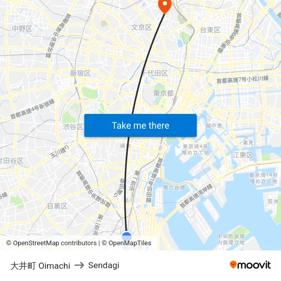 Oimachi to Sendagi map