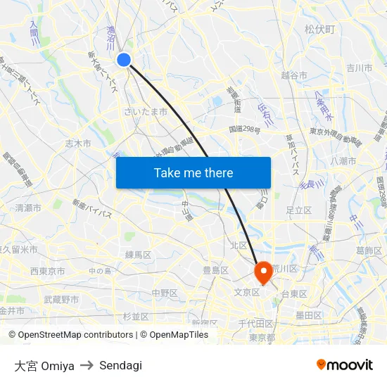 Omiya to Sendagi map