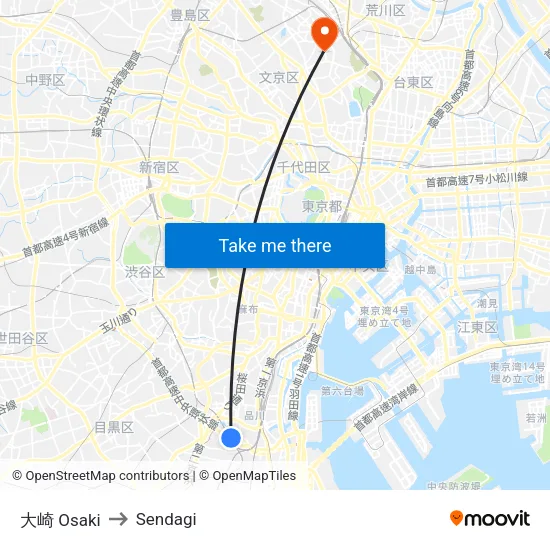 大崎 Osaki to Sendagi map