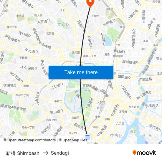 新橋 Shimbashi to Sendagi map