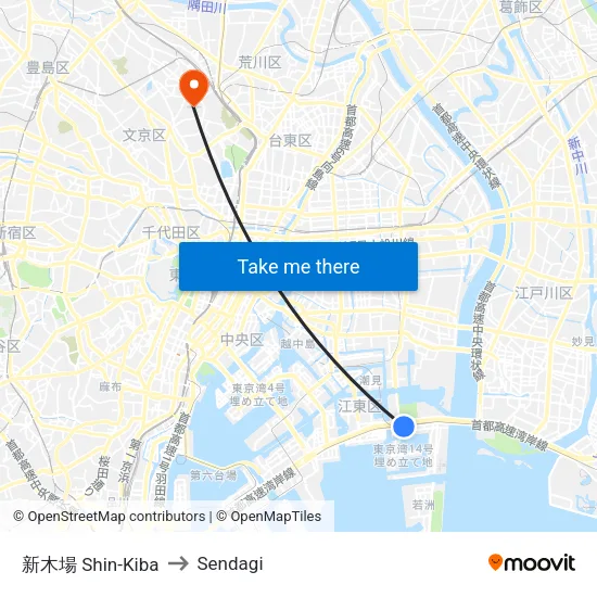 Shin-Kiba to Sendagi map