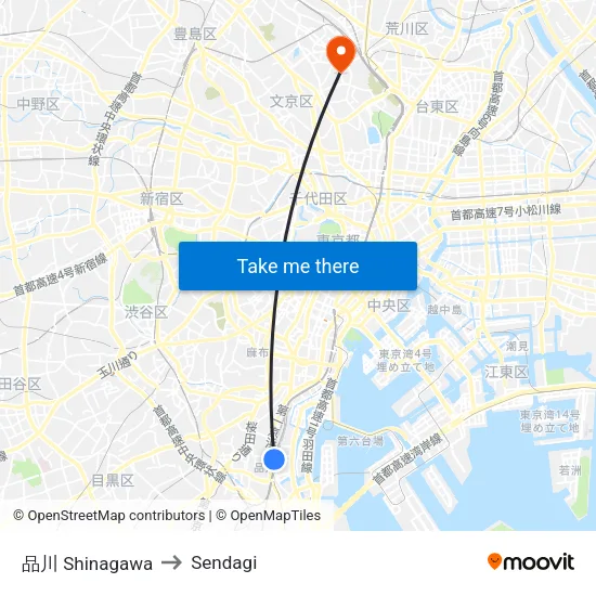 品川 Shinagawa to Sendagi map