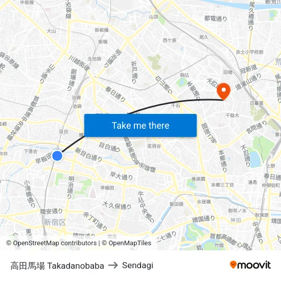 Takadanobaba to Sendagi map