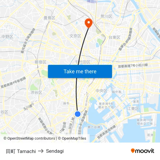 田町 Tamachi to Sendagi map