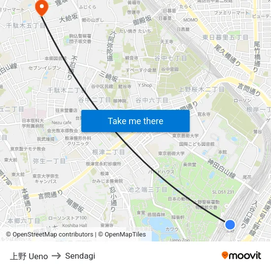 上野 Ueno to Sendagi map