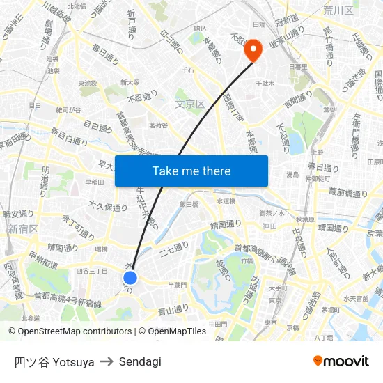 四ツ谷 Yotsuya to Sendagi map
