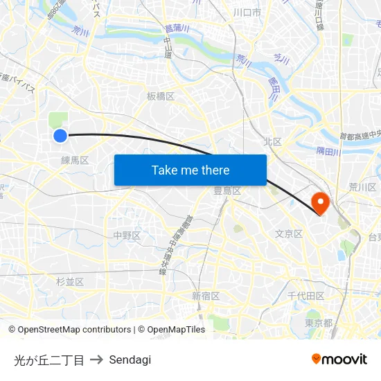 光が丘二丁目 to Sendagi map