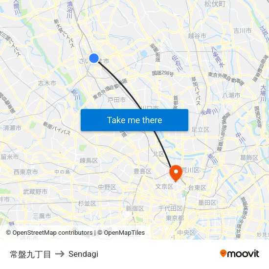 Tokiwa 9-chome to Sendagi map