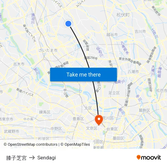 Hizakoshiba to Sendagi map
