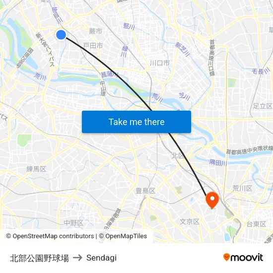 北部公園野球場 to Sendagi map