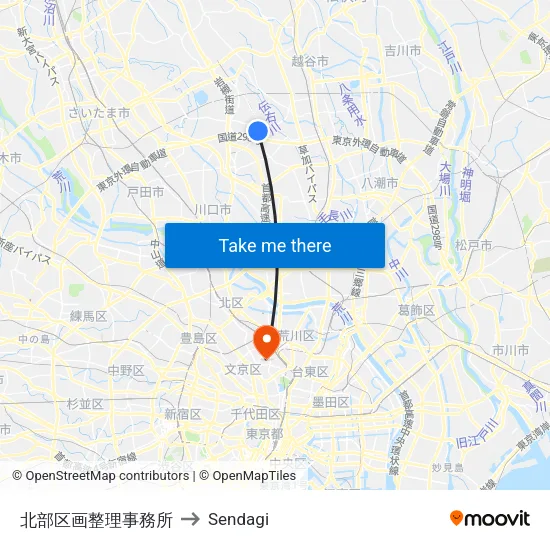 北部区画整理事務所 to Sendagi map
