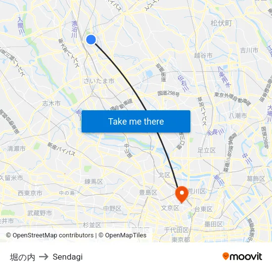 Horinouchi to Sendagi map