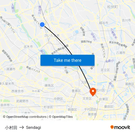 小村田 to Sendagi map