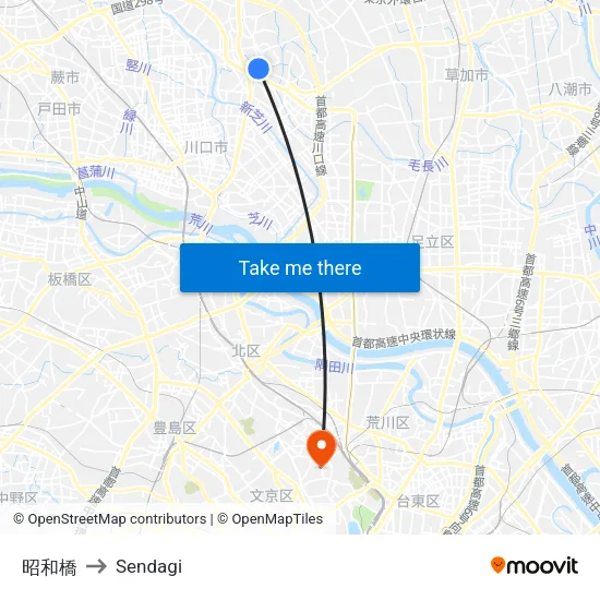 Showa Bridge to Sendagi map