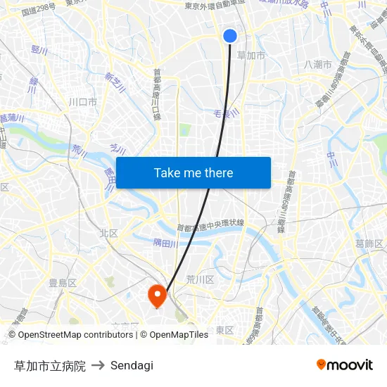 草加市立病院 to Sendagi map