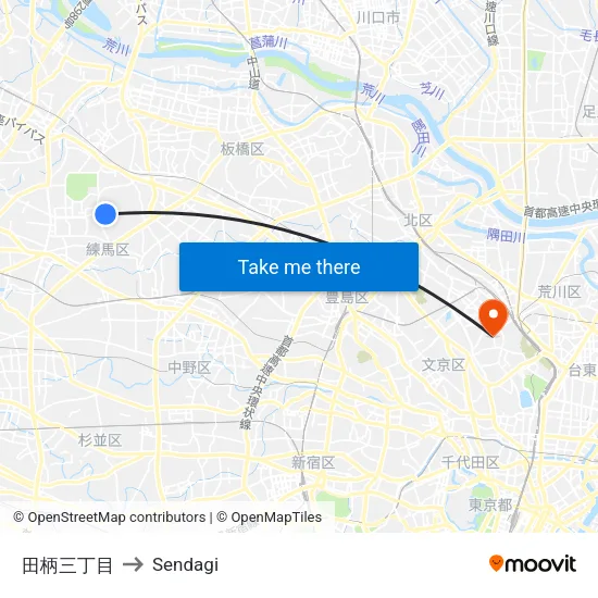 田柄三丁目 to Sendagi map