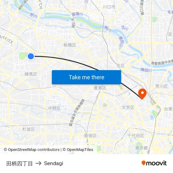 田柄四丁目 to Sendagi map
