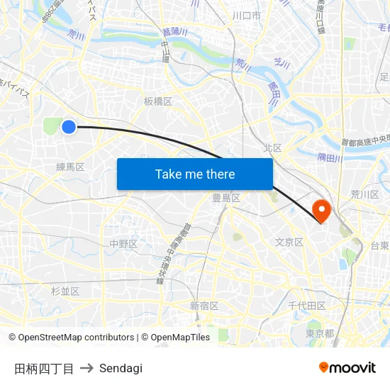 田柄四丁目 to Sendagi map