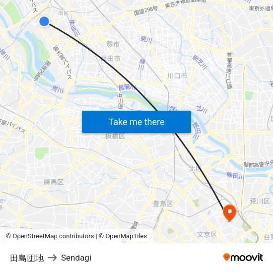 田島団地 to Sendagi map