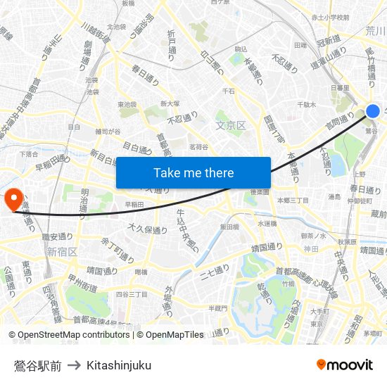 鶯谷駅前 to Kitashinjuku map