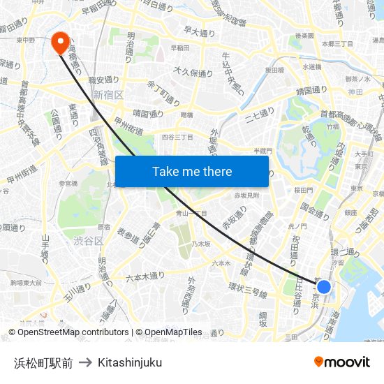 浜松町駅前 to Kitashinjuku map