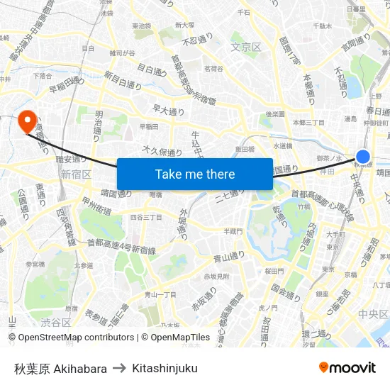 秋葉原 Akihabara to Kitashinjuku map