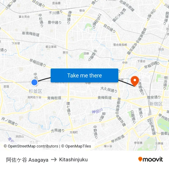 阿佐ケ谷 Asagaya to Kitashinjuku map