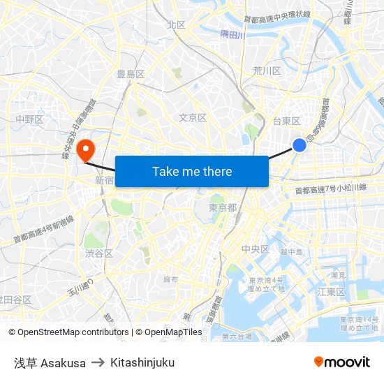 浅草 Asakusa to Kitashinjuku map