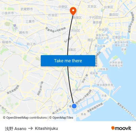 Asano to Kitashinjuku map