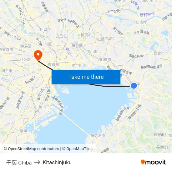 千葉 Chiba to Kitashinjuku map