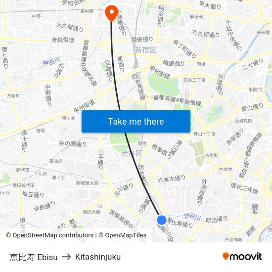 恵比寿 Ebisu to Kitashinjuku map