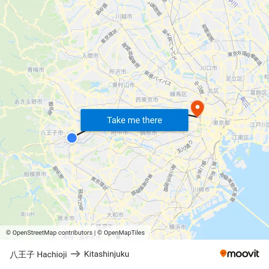 八王子 Hachioji to Kitashinjuku map