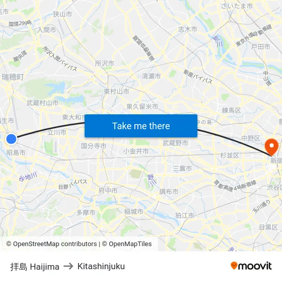 拝島 Haijima to Kitashinjuku map
