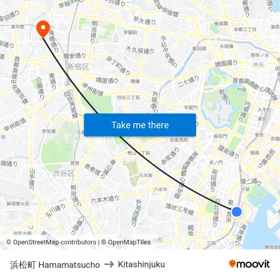 浜松町 Hamamatsucho to Kitashinjuku map