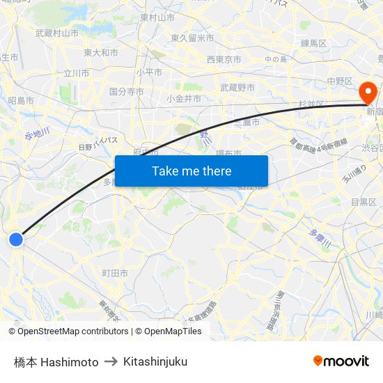 橋本 Hashimoto to Kitashinjuku map