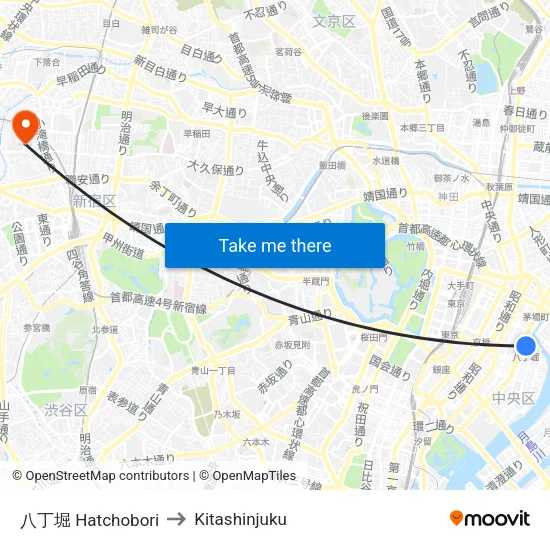 八丁堀 Hatchobori to Kitashinjuku map
