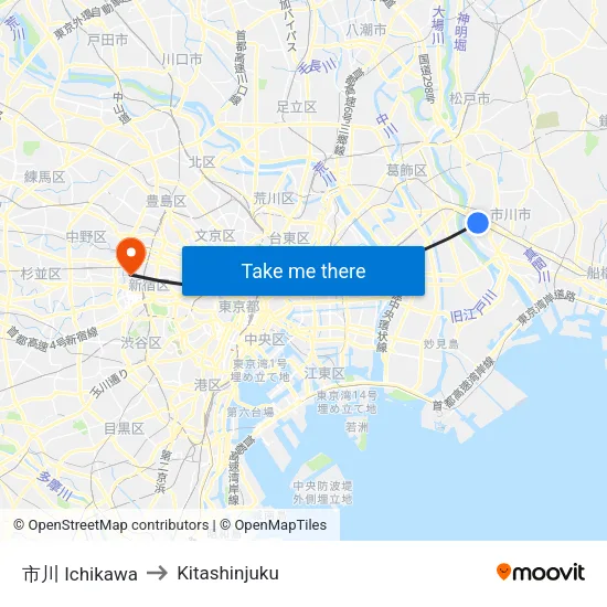 市川 Ichikawa to Kitashinjuku map