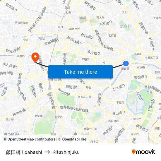 飯田橋 Iidabashi to Kitashinjuku map