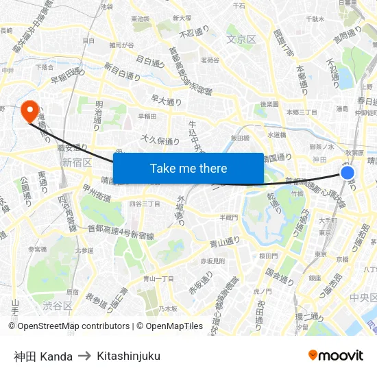神田 Kanda to Kitashinjuku map