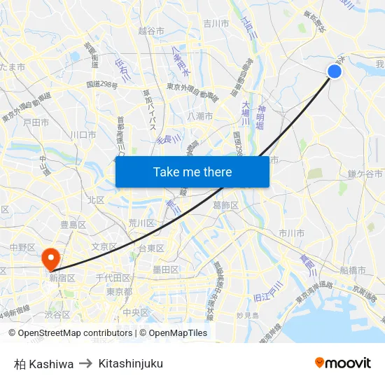 柏 Kashiwa to Kitashinjuku map
