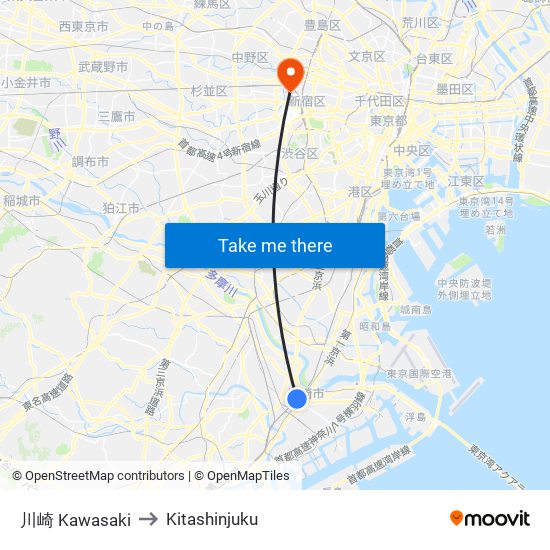 川崎 Kawasaki to Kitashinjuku map