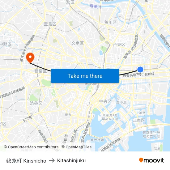 Kinshicho to Kitashinjuku map